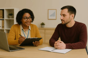 Person working with a ServiceSource social security disability benefits navigator to apply for SSDI.